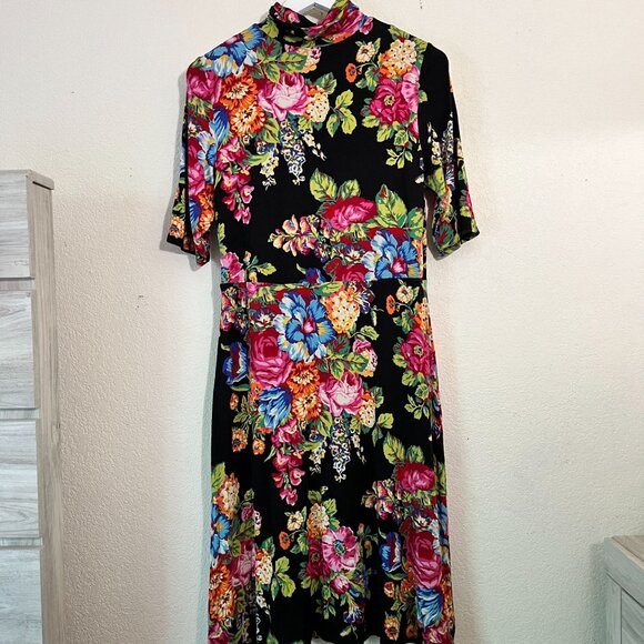 Anthropologie ett:twa Coreyell Floral Turtleneck Dress Medium Black Stretch - Picture 3 of 11